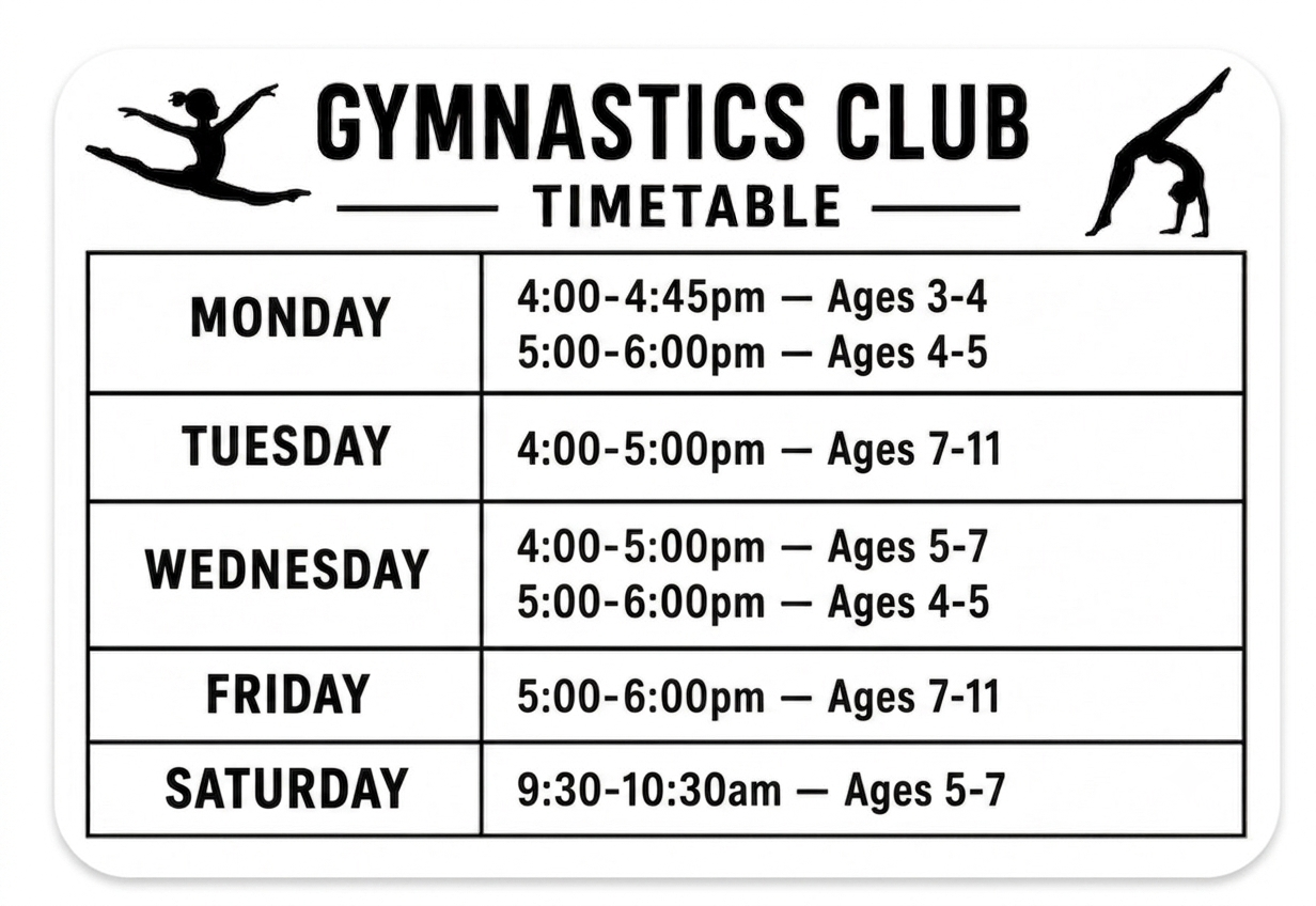 Gymnastics Club Timetable showing days, times and age groups